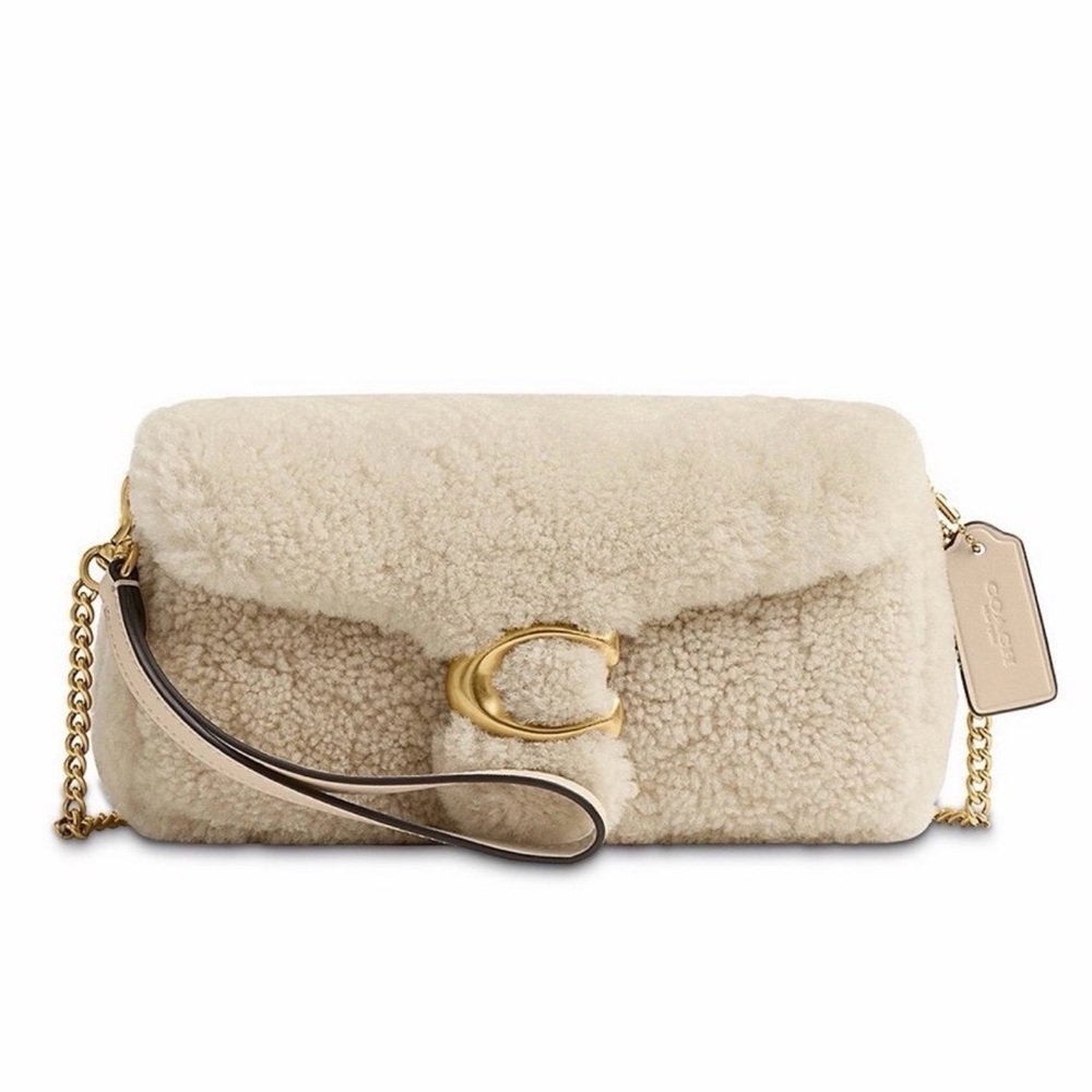 Coach Tabby Chain Crossbody Bag 19 Wristlet in Shearling Brass/Beige NWT